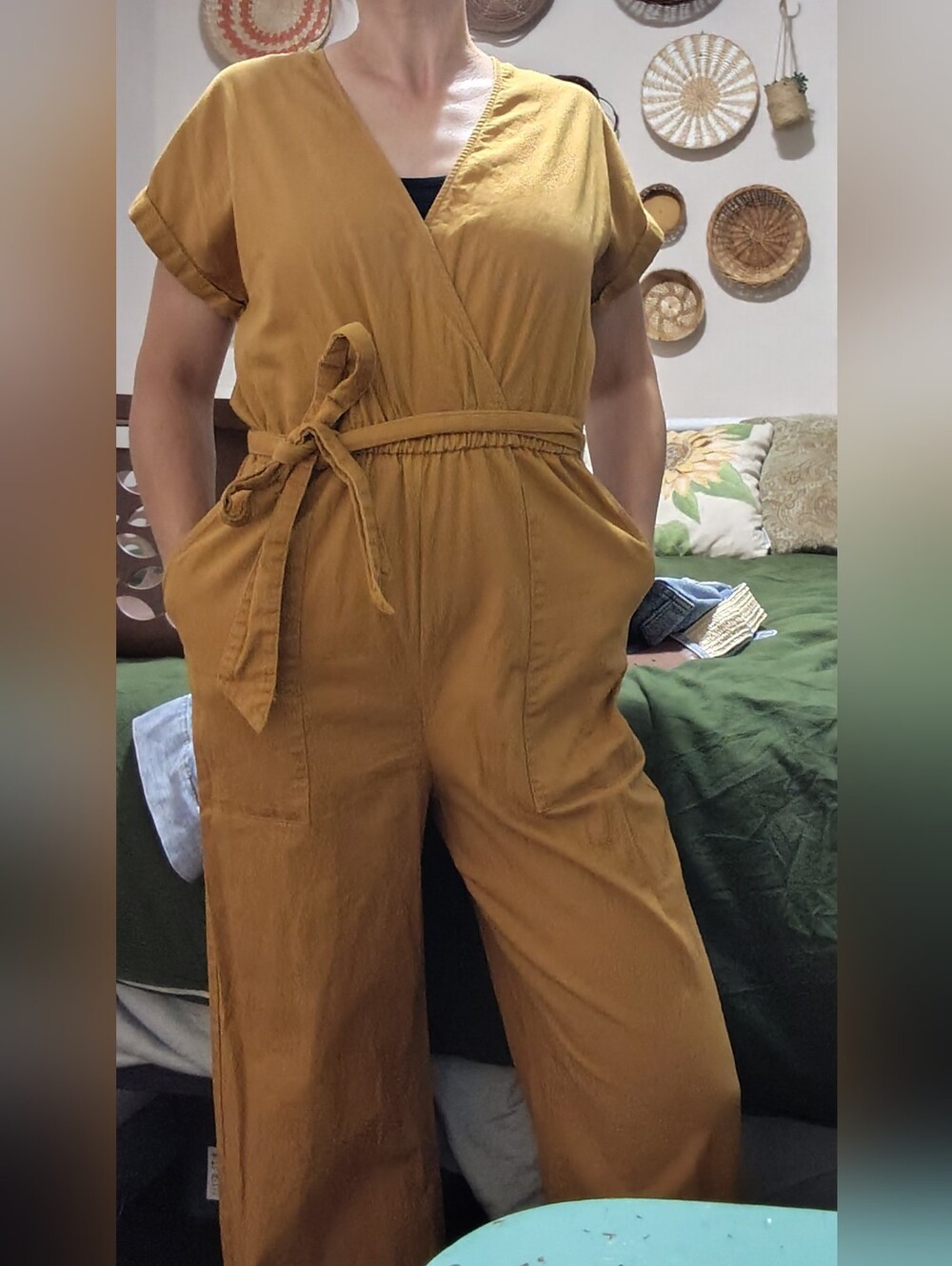Mustard Yellow Cotton Universal Thread Jumpsuit with Tie Waist